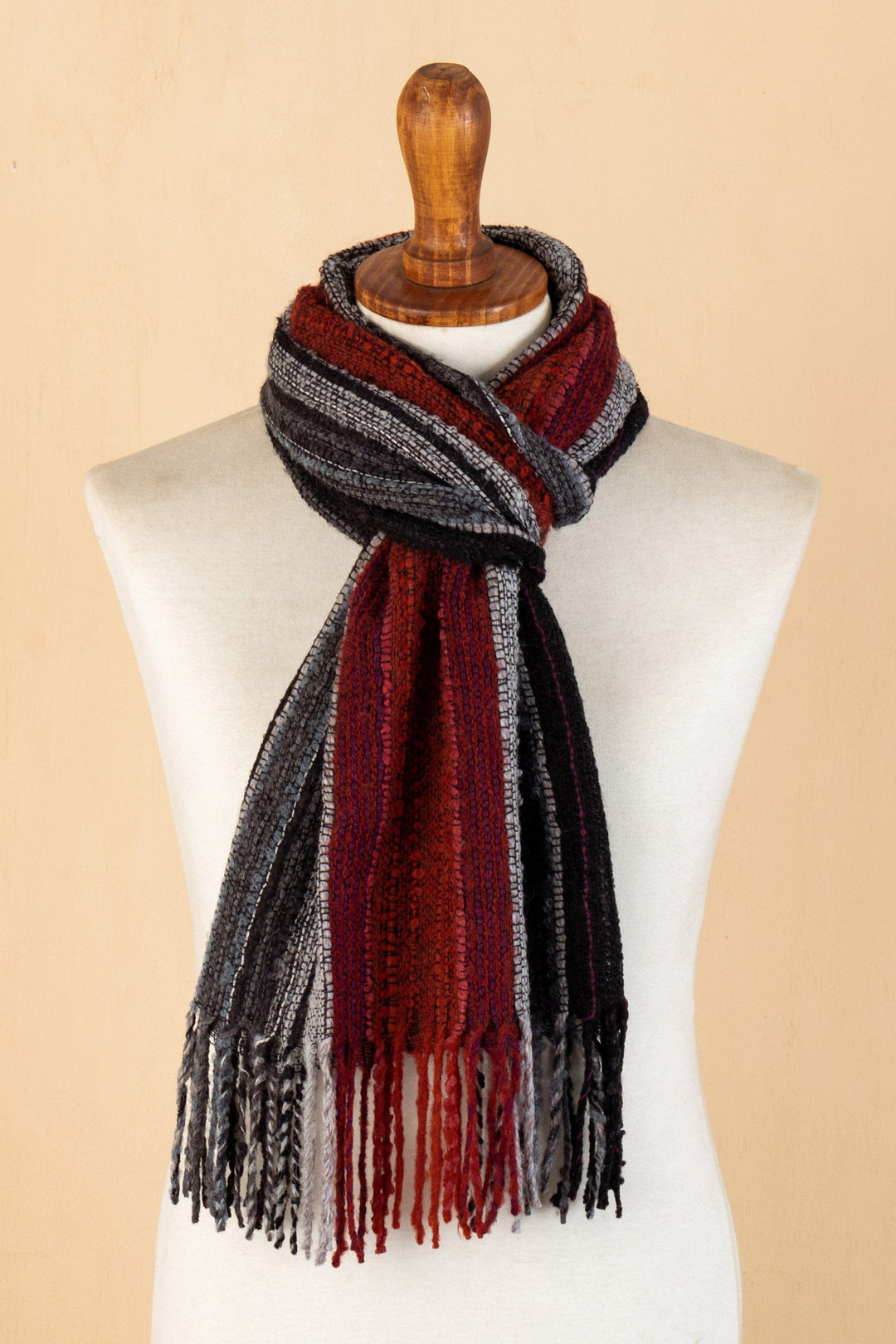 Red and Gray Baby Alpaca Blend Hand-woven Striped Scarf - Reds and Grays