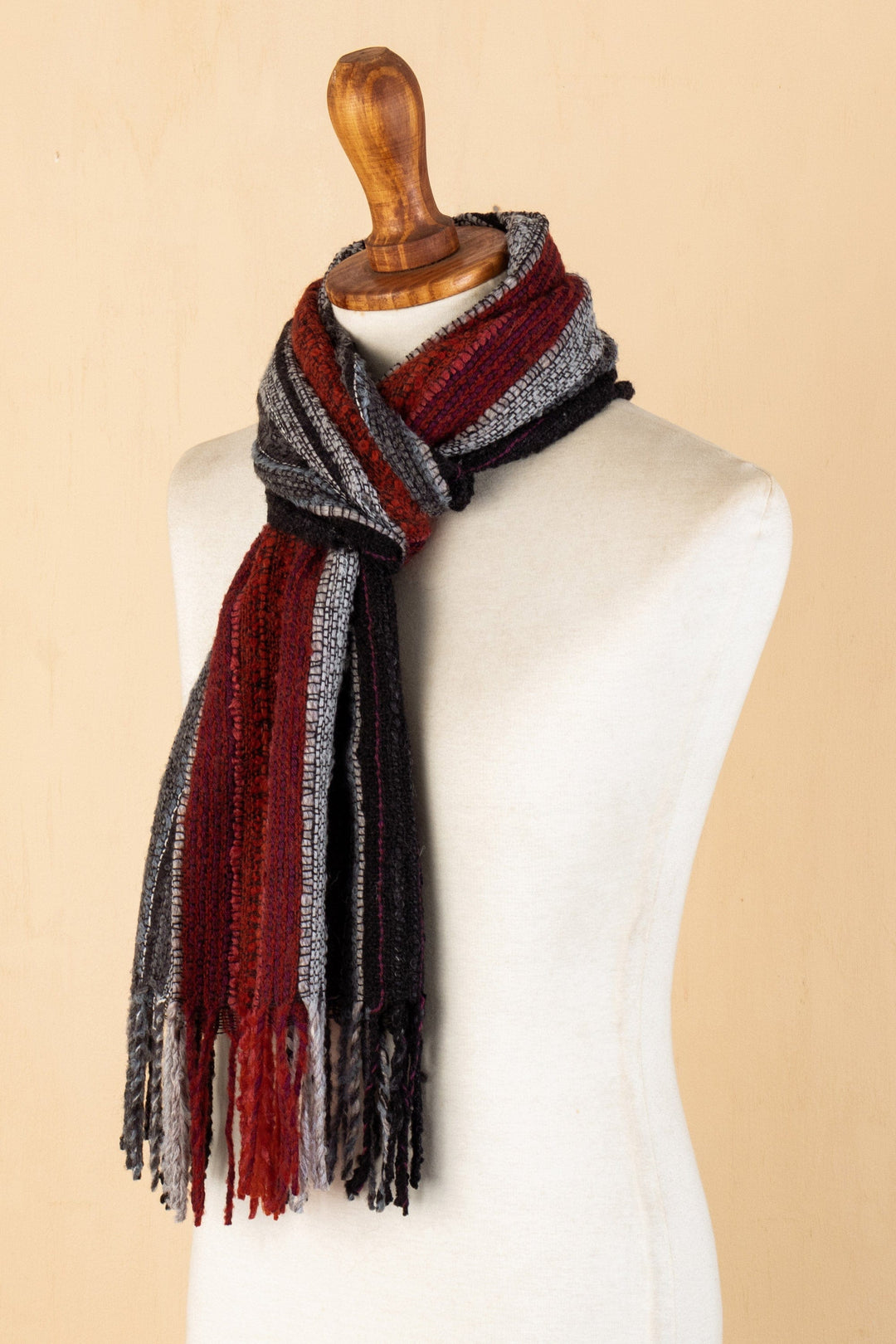Red and Gray Baby Alpaca Blend Hand-woven Striped Scarf - Reds and Grays