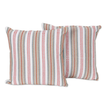 Striped Colorful Embroidered Cotton Cushion Covers (Pair) - Jacquard Beauty