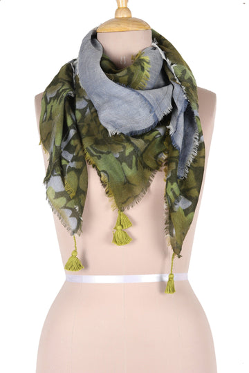 Floral Patched Wool Scarf with Tassels Woven in - Olive Bliss