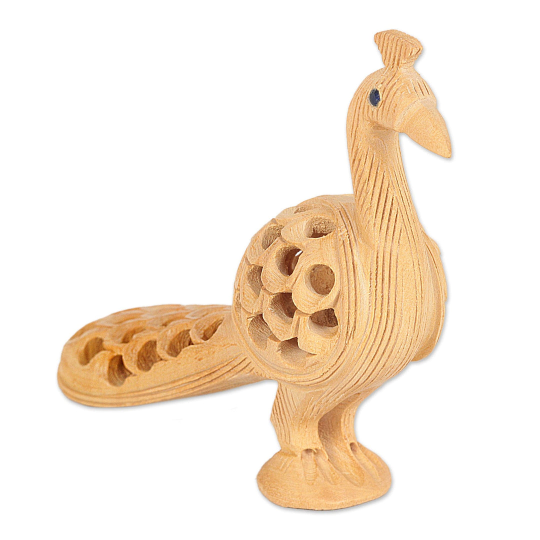 Hand Sculpted Standing Peacock Wood Sculpture from India - Opulent Peacock