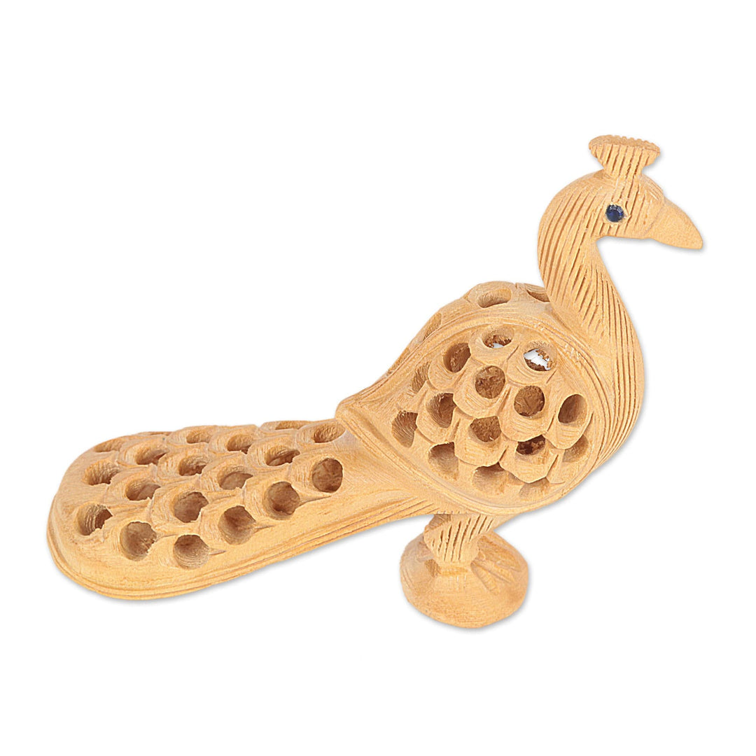 Hand Sculpted Standing Peacock Wood Sculpture from India - Opulent Peacock