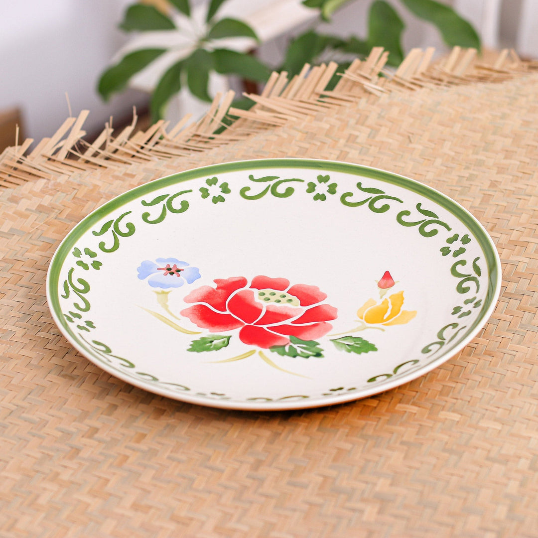 Handcrafted Ceramic Plate from Thailand - Poppy Garden in Green