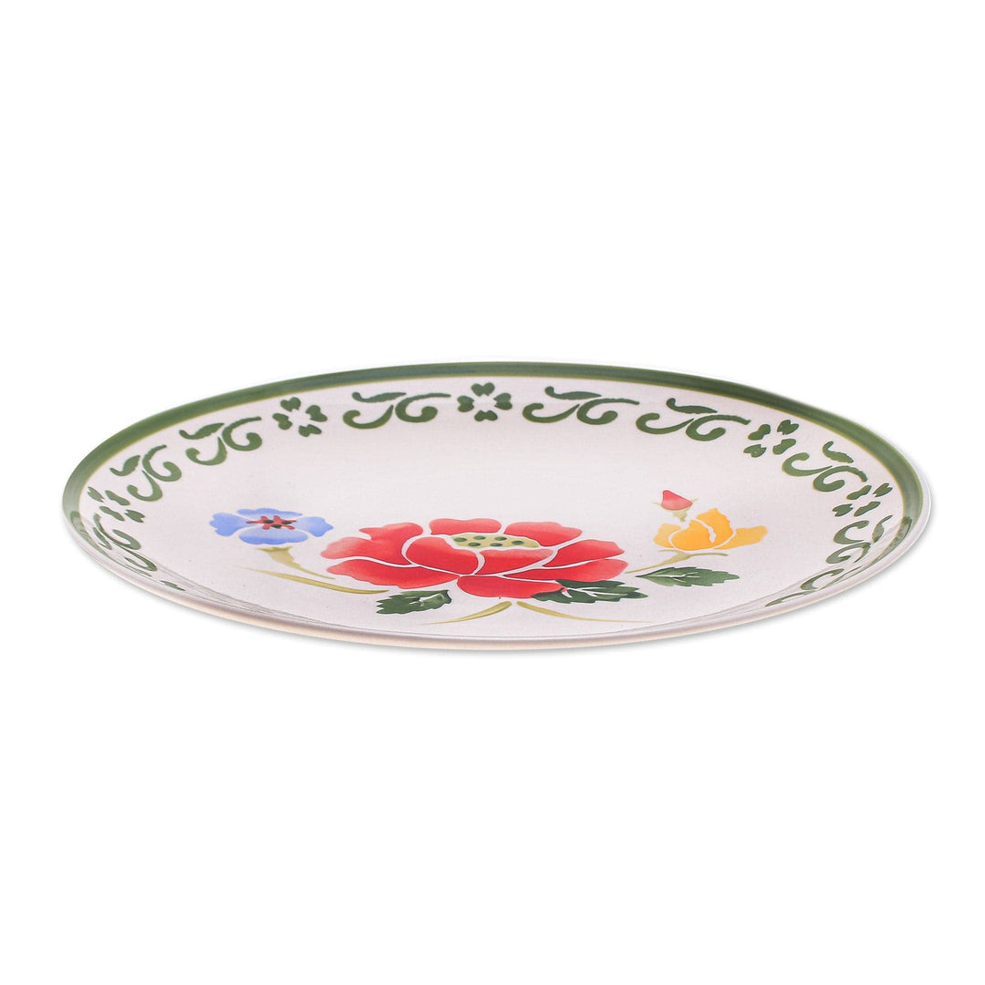Handcrafted Ceramic Plate from Thailand - Poppy Garden in Green