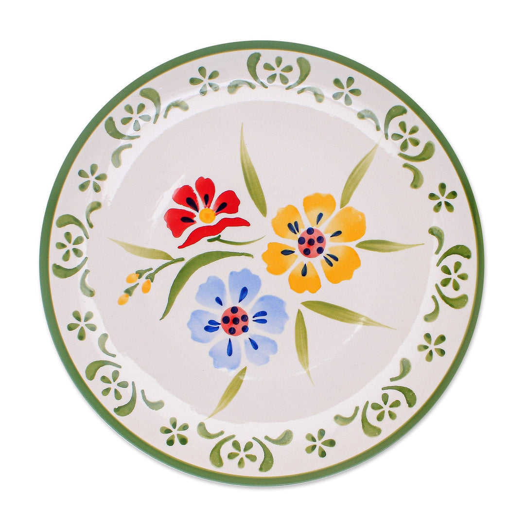 Floral Ceramic Plate from Thailand - Primrose Path in Green