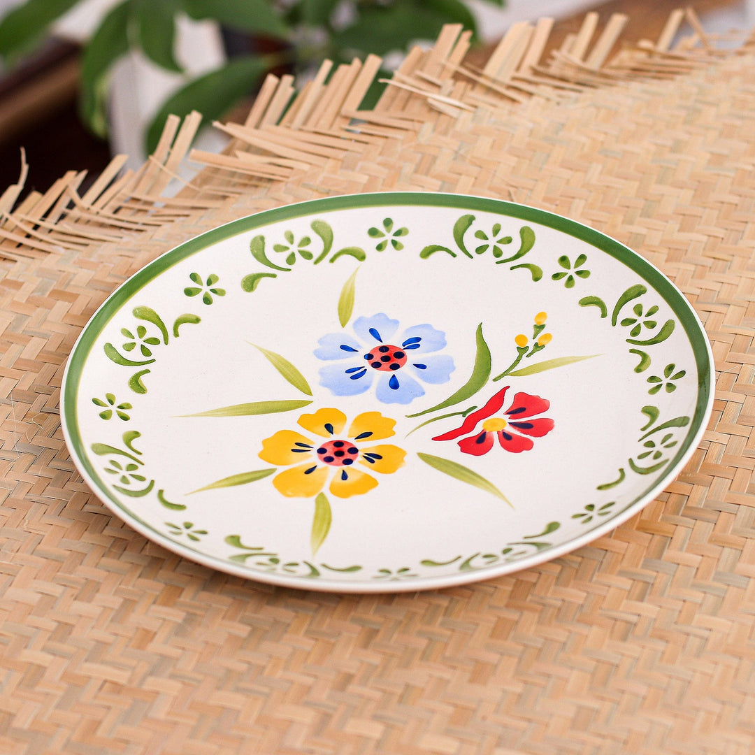 Floral Ceramic Plate from Thailand - Primrose Path in Green