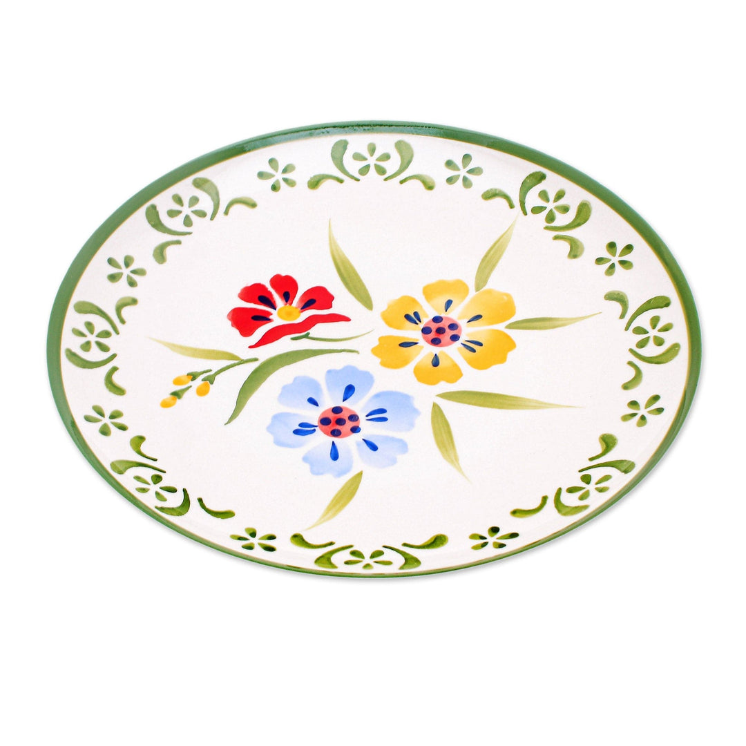 Floral Ceramic Plate from Thailand - Primrose Path in Green