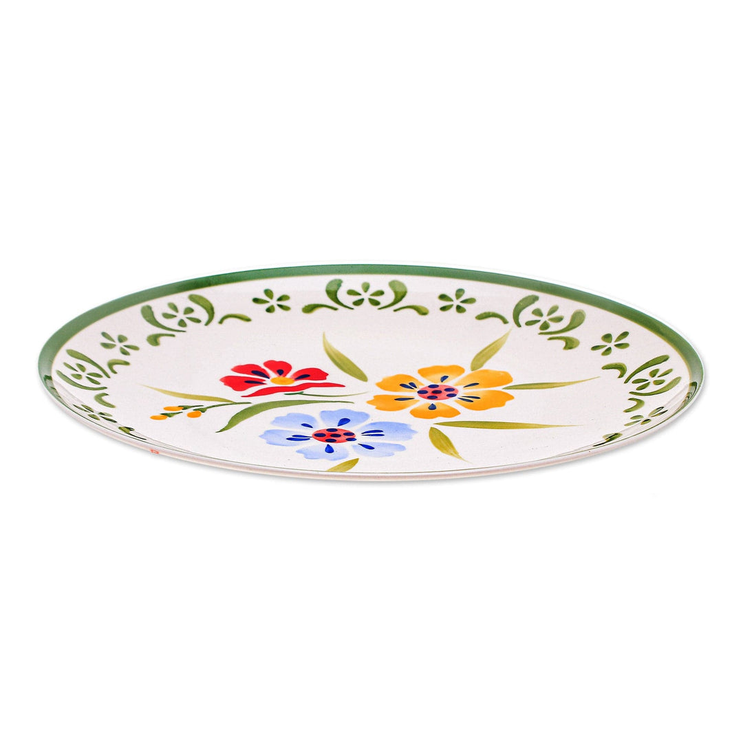 Floral Ceramic Plate from Thailand - Primrose Path in Green