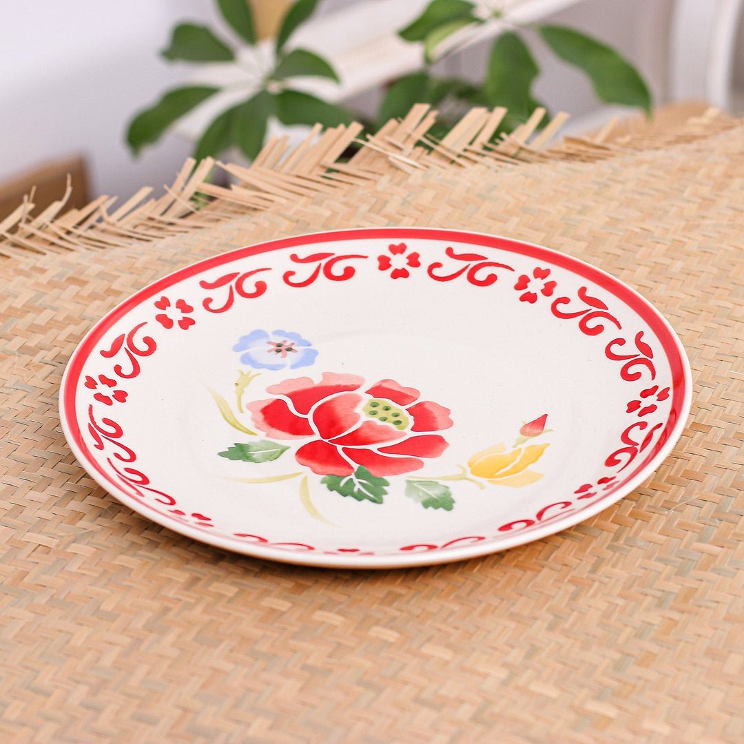 Food-Safe Floral Ceramic Plate - Poppy Garden in Red