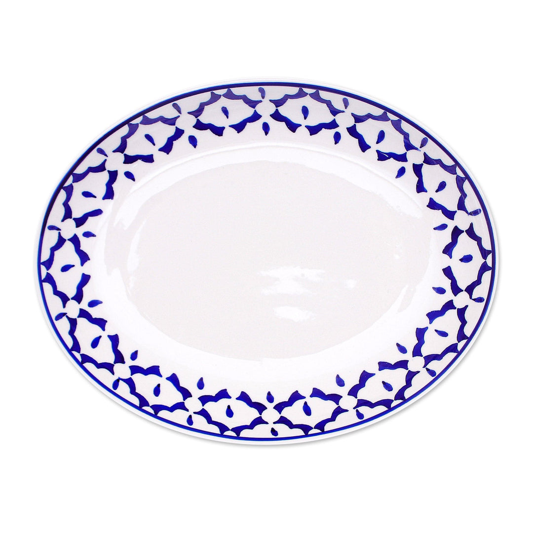 Oval Ceramic Plate from Thailand - Blue Pineapple