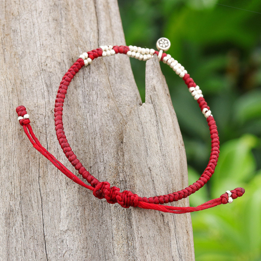 Thai Silver Pendant Beaded Macrame Bracelet in Red - Petite Flower in Red