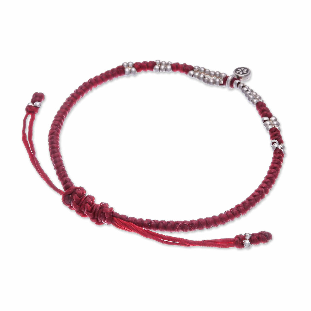 Thai Silver Pendant Beaded Macrame Bracelet in Red - Petite Flower in Red