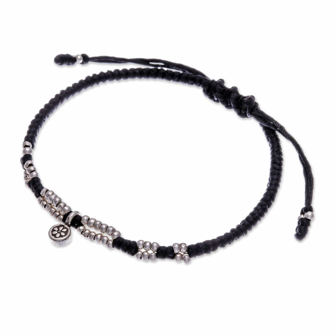 Thai Silver Pendant Beaded Macrame Bracelet in Black - Petite Flower in Black
