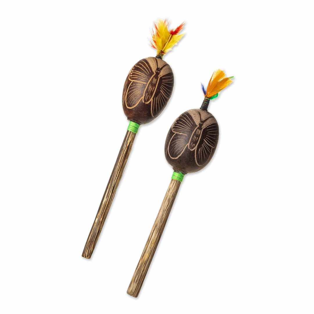 Handcrafted Gourd Mini Maracas with Feather (Pair) - Sacred Butterfly