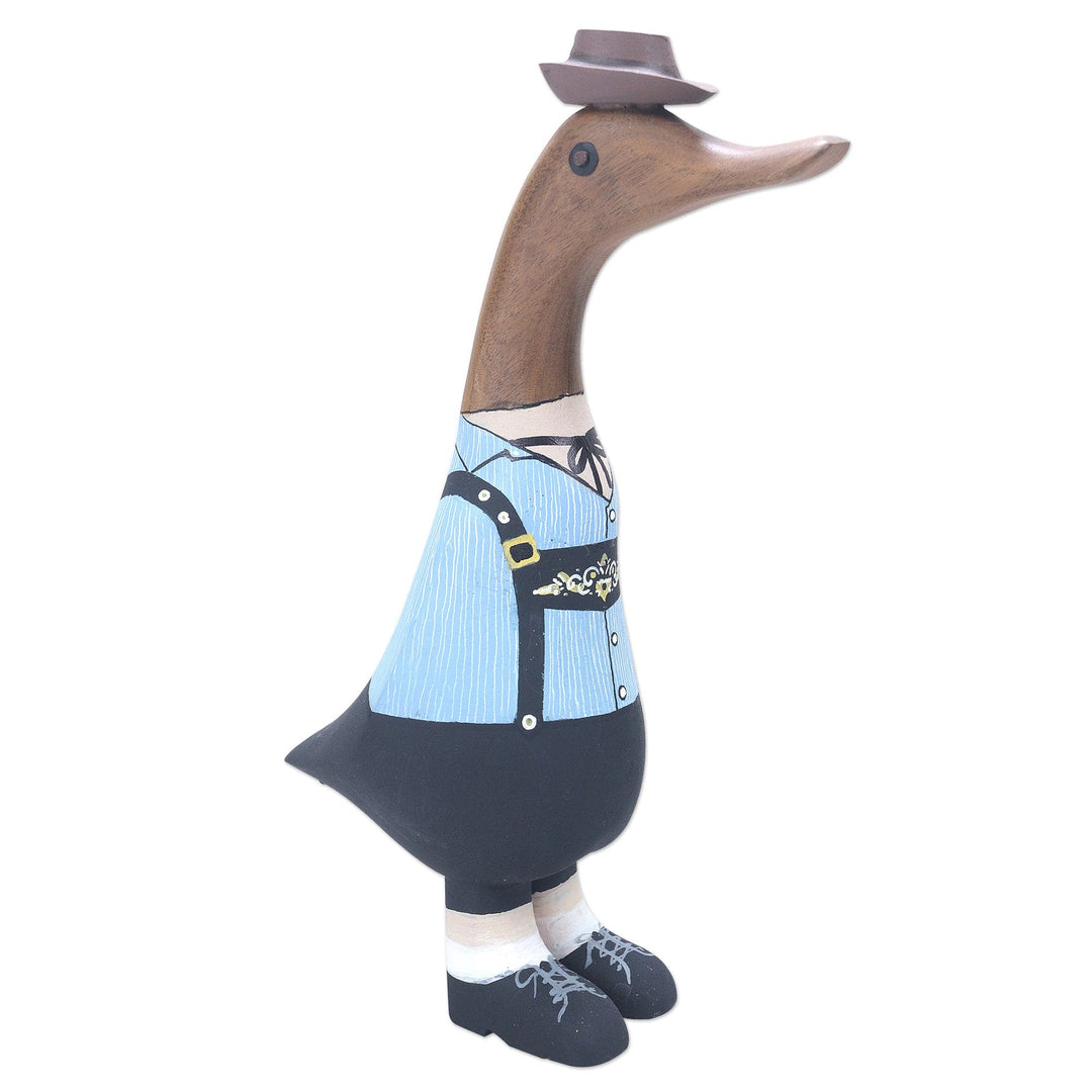 Bamboo and Teak Wood Duck Sculpture in Alpine Garments - Mister Duck in the Alps