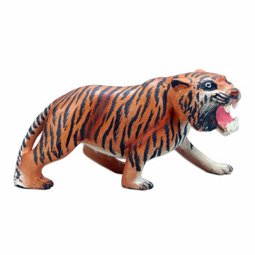 Tiger Wood Figurine Hand-carved & Hand-painted in Indonesia - Ferocious Tiger