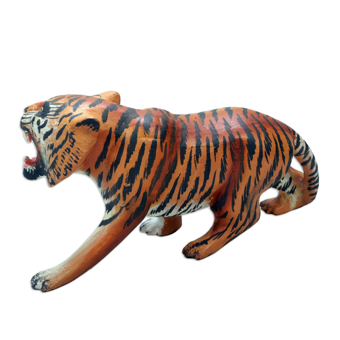 Tiger Wood Figurine Hand-carved & Hand-painted in Indonesia - Ferocious Tiger