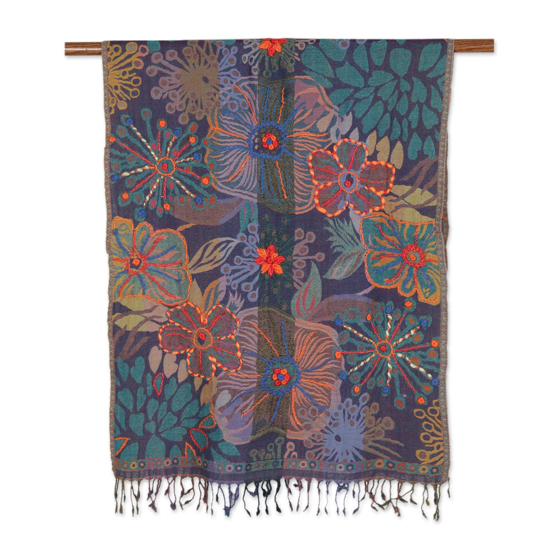 Floral Embroidered Wool Shawl Handcrafted in - Garden Fantasy