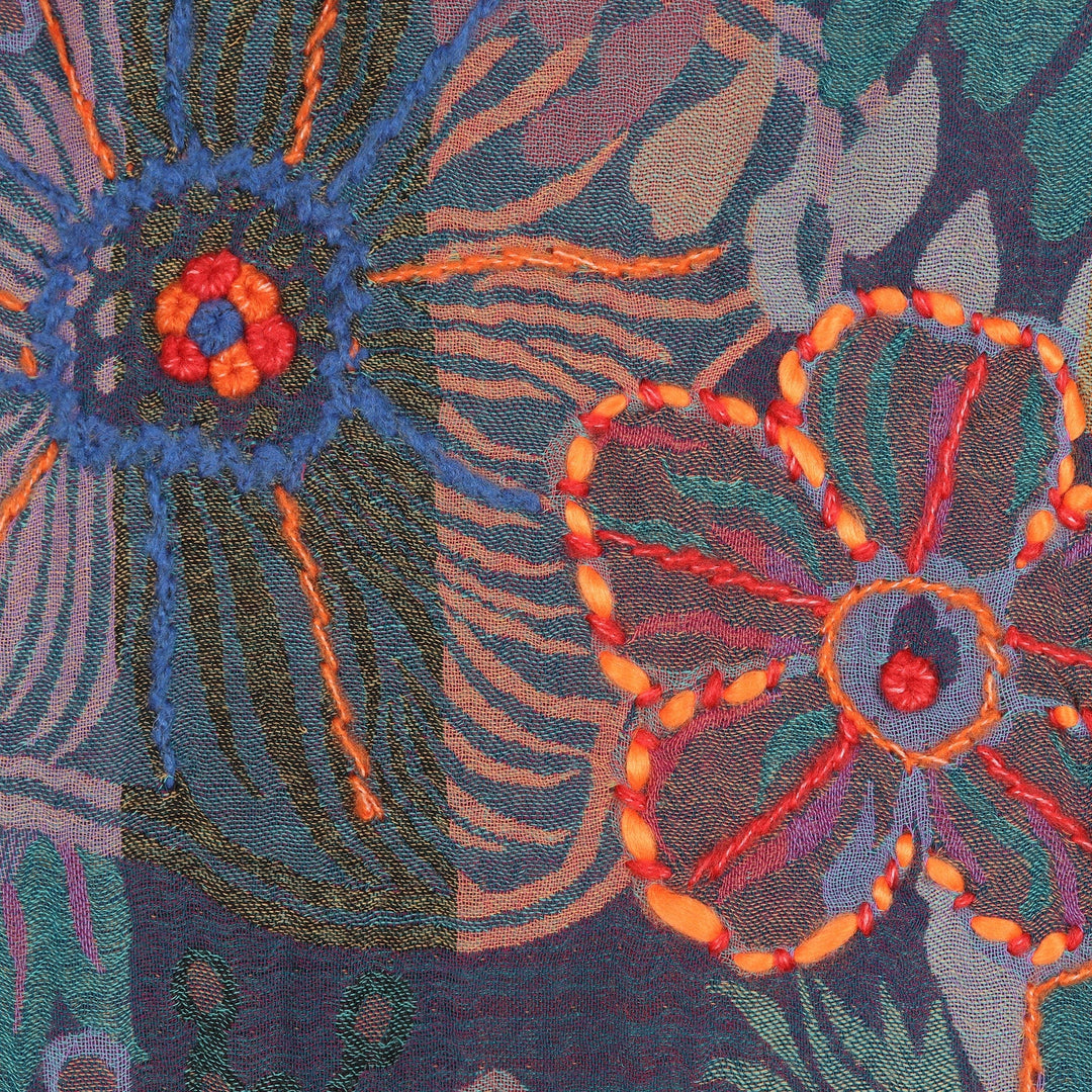 Floral Embroidered Wool Shawl Handcrafted in - Garden Fantasy