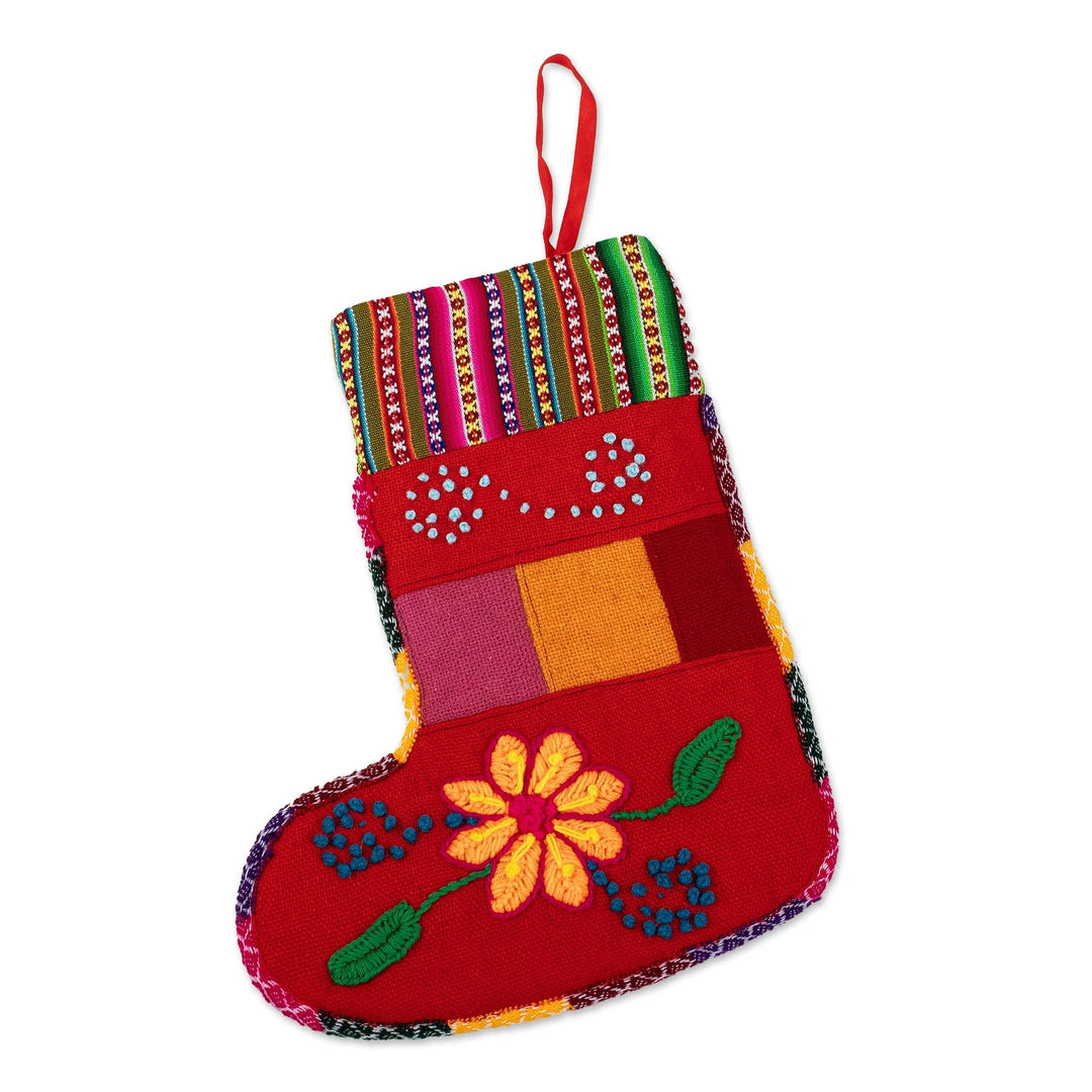 Peruvian Handcrafted Christmas Stocking with Andean Details - Christmas with Flowers