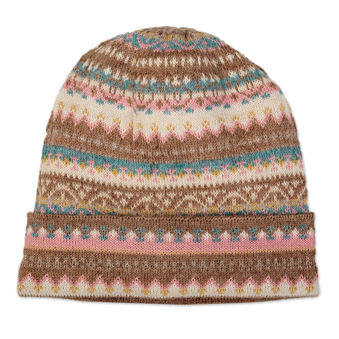 Multicolor 100% Baby Alpaca Andean Hat crafted in Peru - Tan Pastels