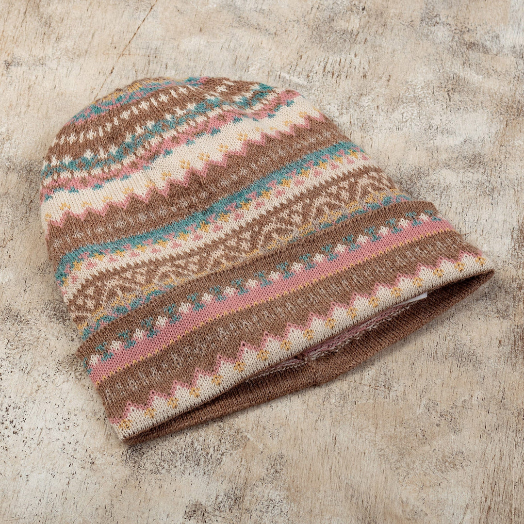 Multicolor 100% Baby Alpaca Andean Hat crafted in Peru - Tan Pastels