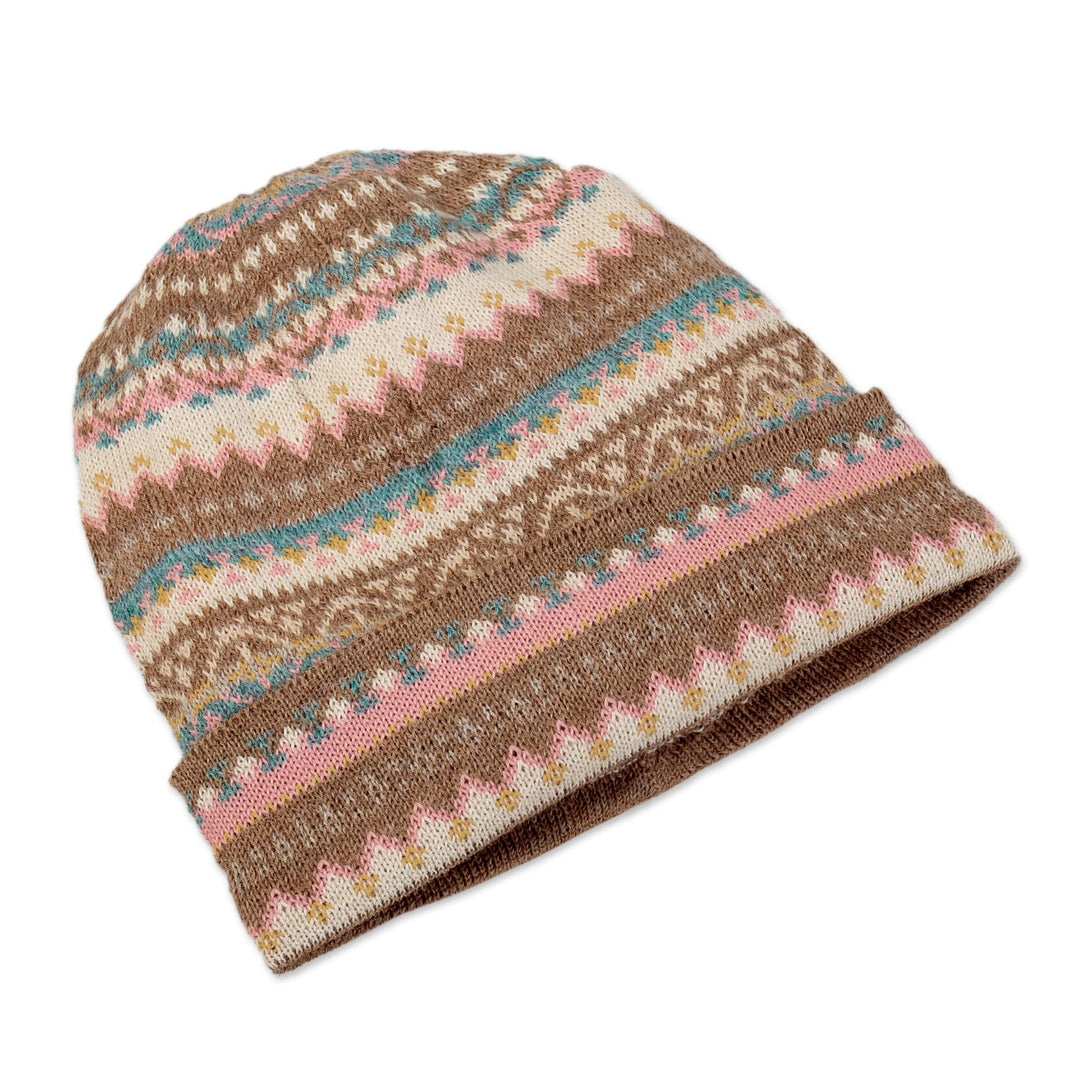 Multicolor 100% Baby Alpaca Andean Hat crafted in Peru - Tan Pastels