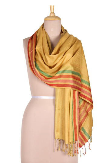 Handloomed Striped Silk Shawl in Mustard - Mustard Charm