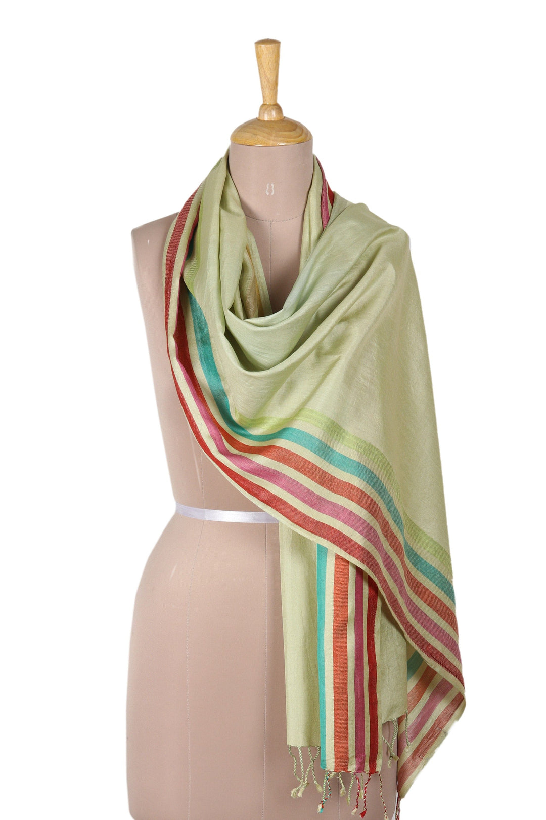 Pistachio Striped Shawl Hand-woven from 100% Silk in - Pistachio Love