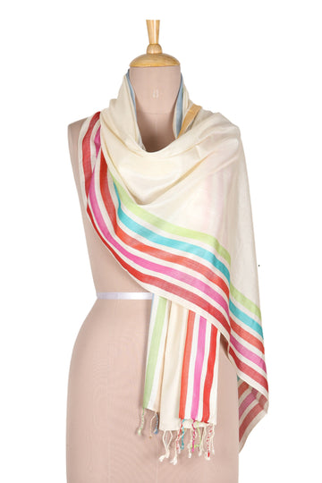 Handloomed Striped Silk Shawl in Alabaster - Alabaster Charm