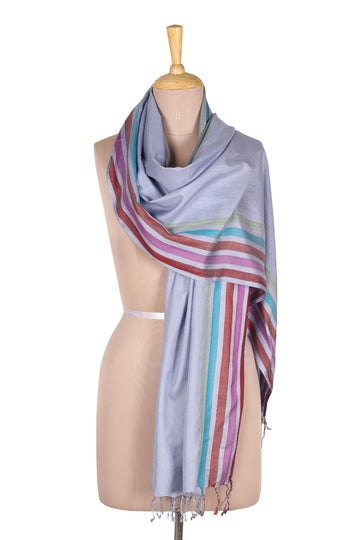 Handloomed Striped Silk Shawl in Steel Blue - Steel Blue Charm