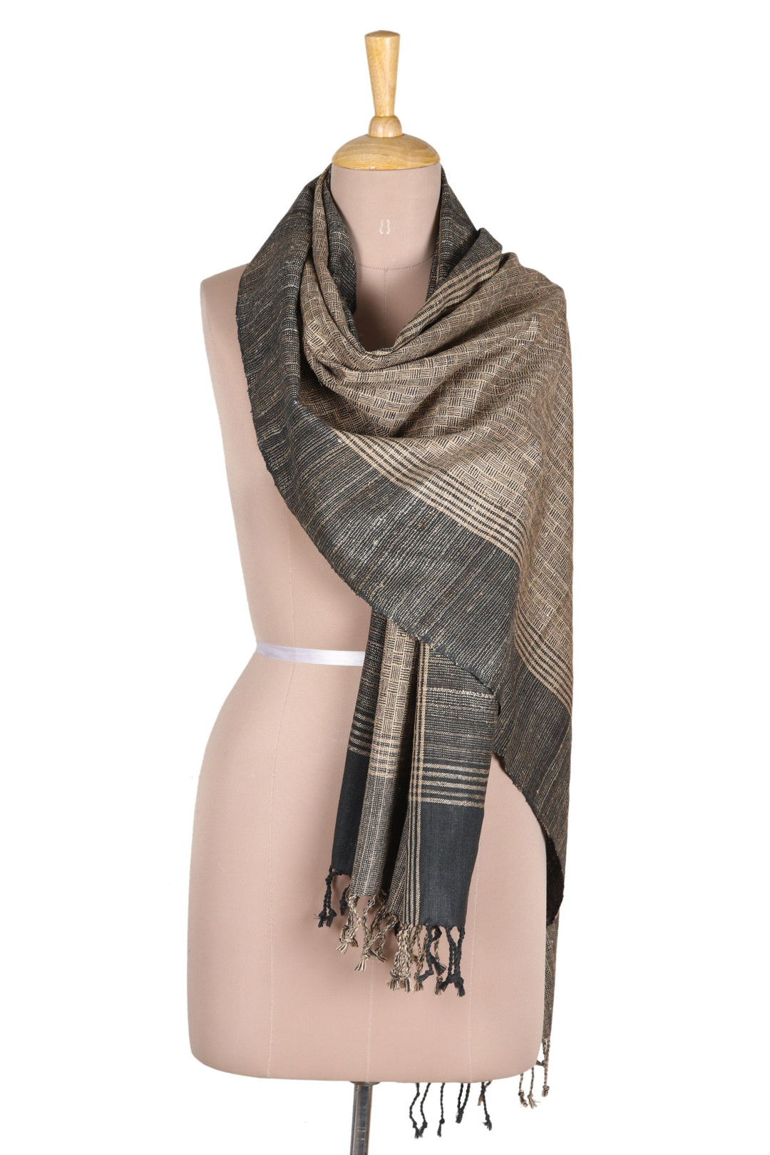 Patterned Grey Shawl Hand-woven from 100% Silk in India - Midnight Noir