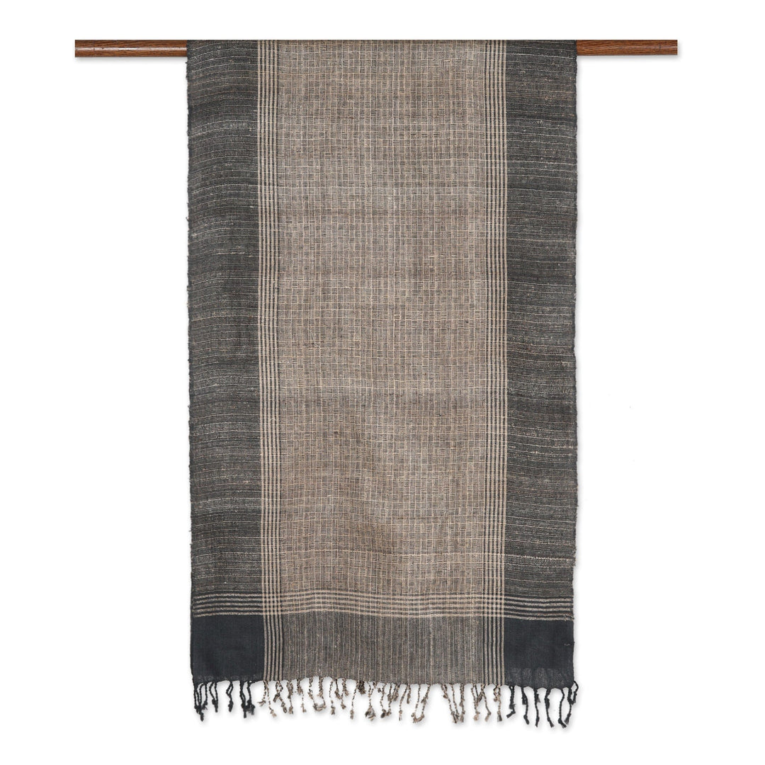Patterned Grey Shawl Hand-woven from 100% Silk in India - Midnight Noir