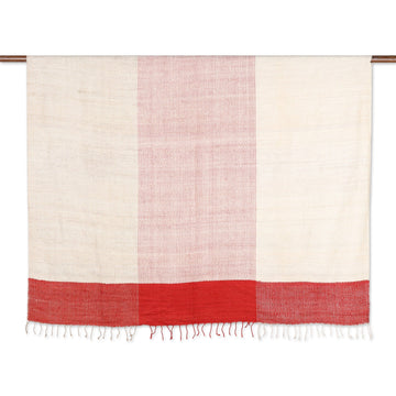 Red Ivory Beige 100% Silk Throw Blanket Hand-Woven in - Red Harmony