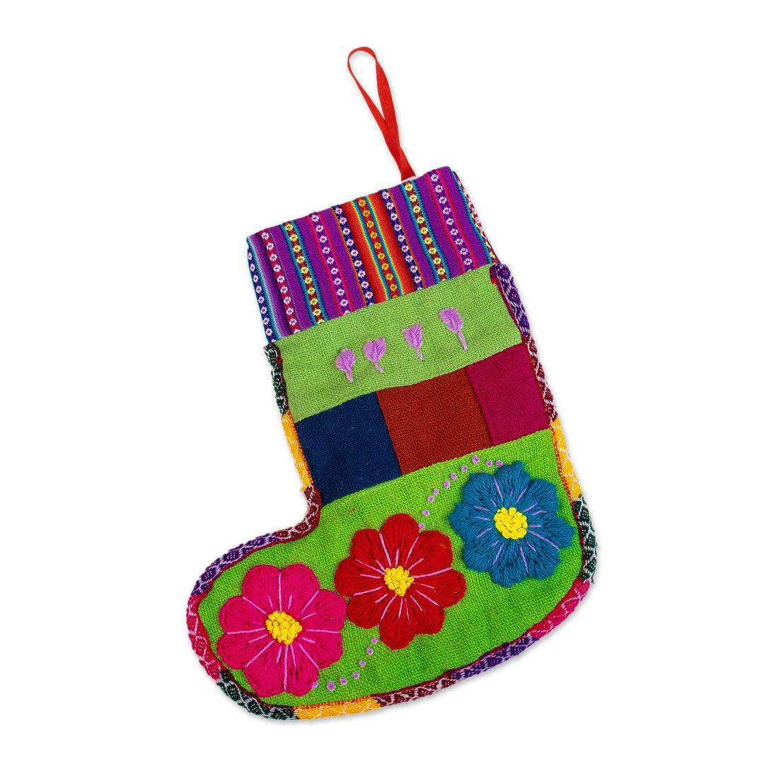 Handcrafted Green Christmas Stocking with Andean Details - Christmas Winds