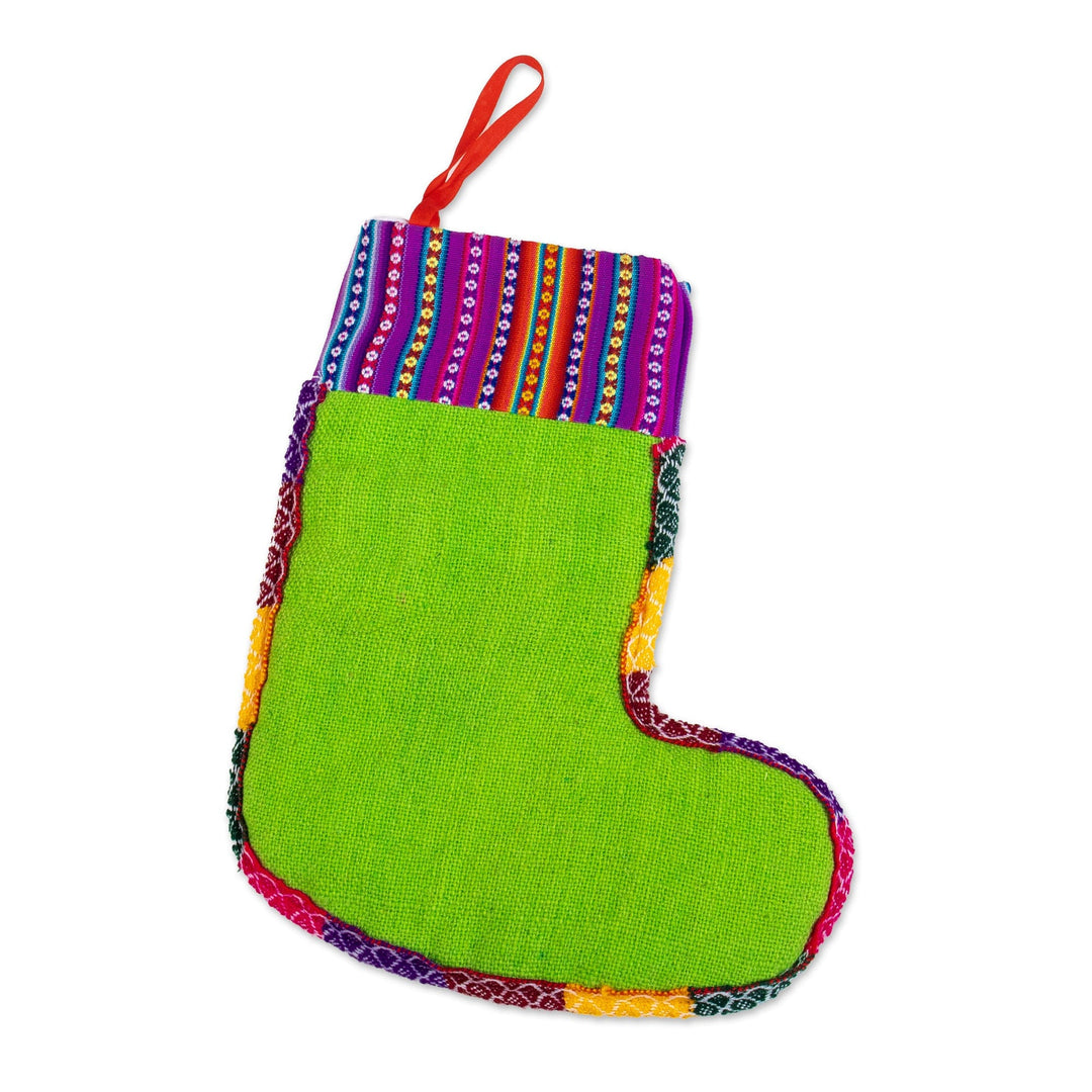 Handcrafted Green Christmas Stocking with Andean Details - Christmas Winds