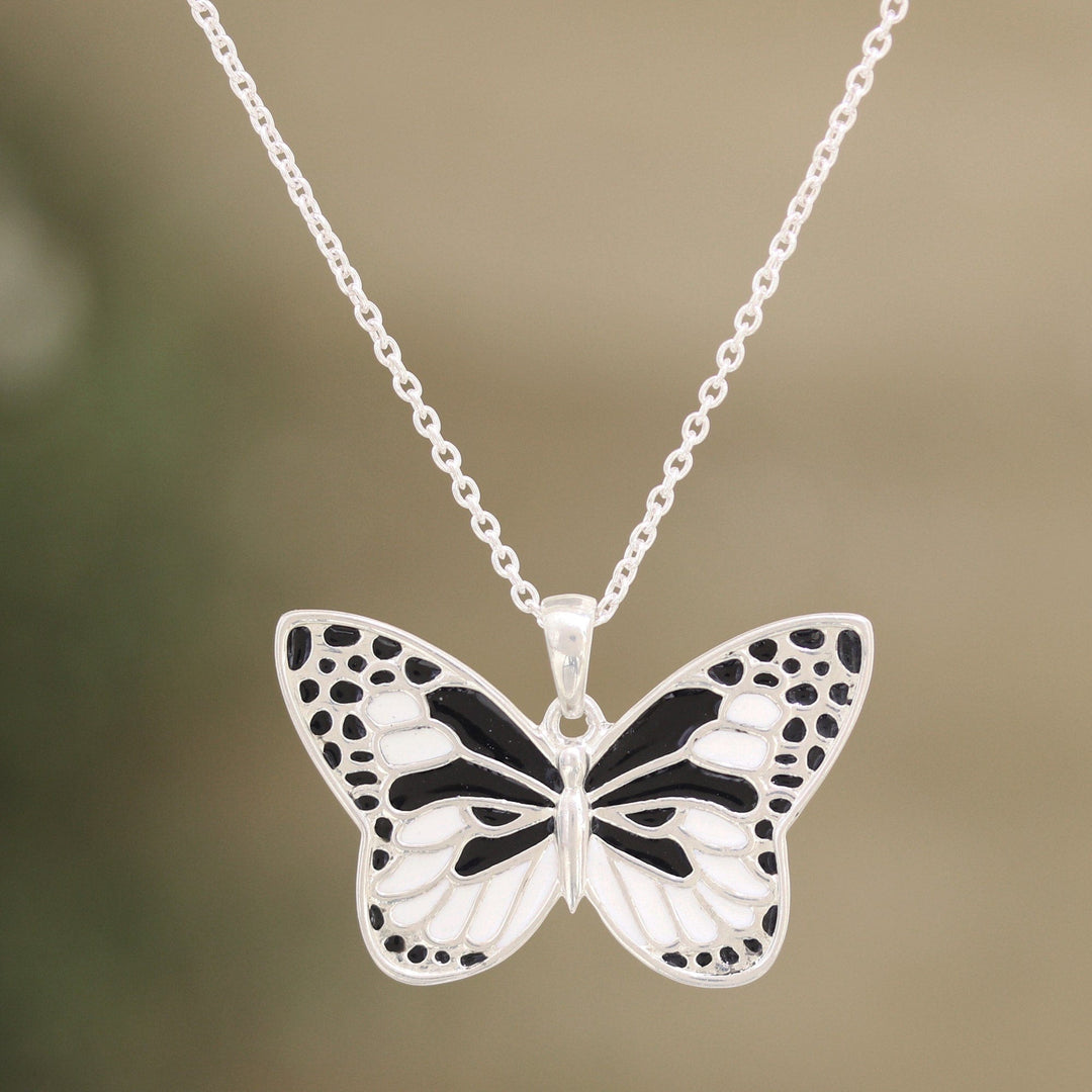Black and White Sterling Silver Butterfly Pendant Necklace - Butterfly Hope