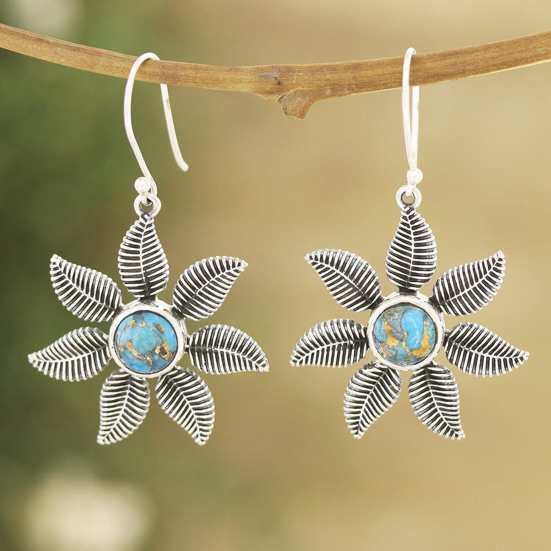 Sterling Silver Dangle Earrings with Composite Turquoise - Leafy Blossom