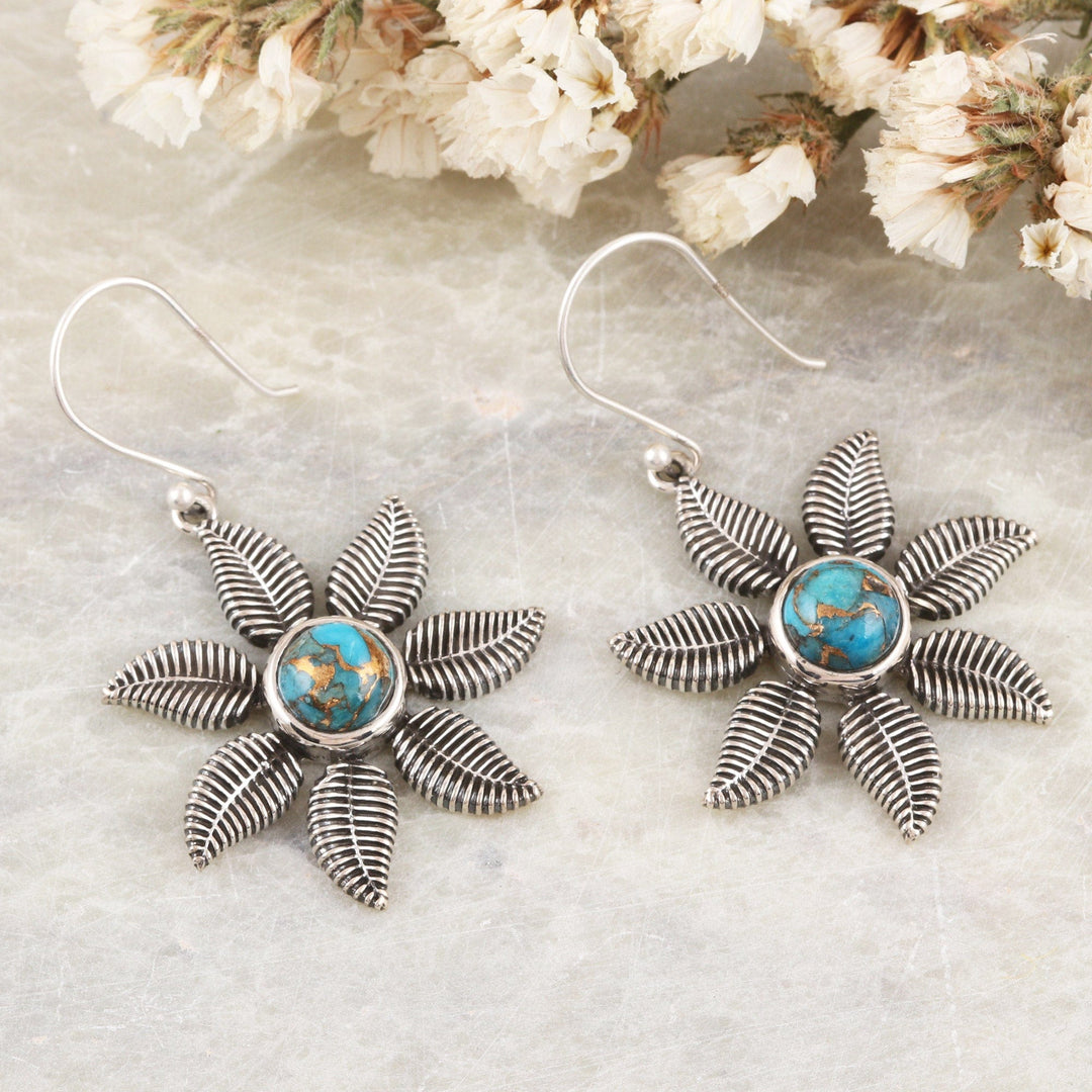 Sterling Silver Dangle Earrings with Composite Turquoise - Leafy Blossom