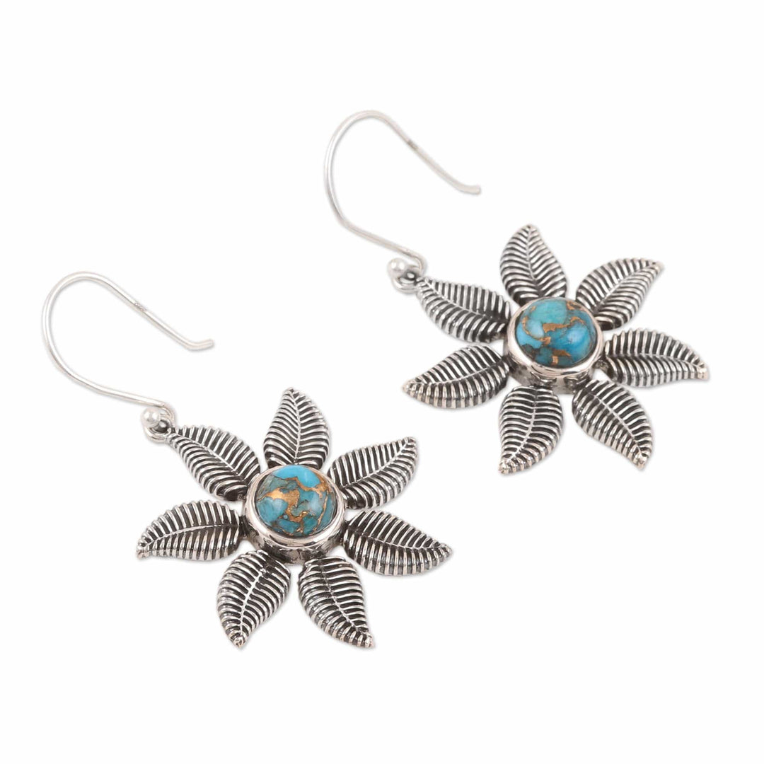 Sterling Silver Dangle Earrings with Composite Turquoise - Leafy Blossom