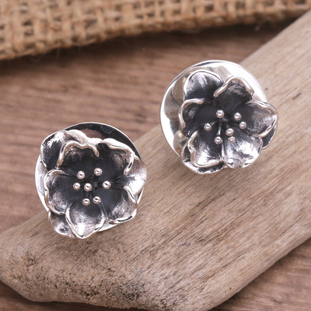 Handmade Floral Sterling Silver Button Earrings from Bali - Floral Lineage