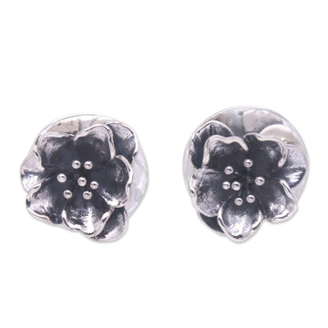 Handmade Floral Sterling Silver Button Earrings from Bali - Floral Lineage