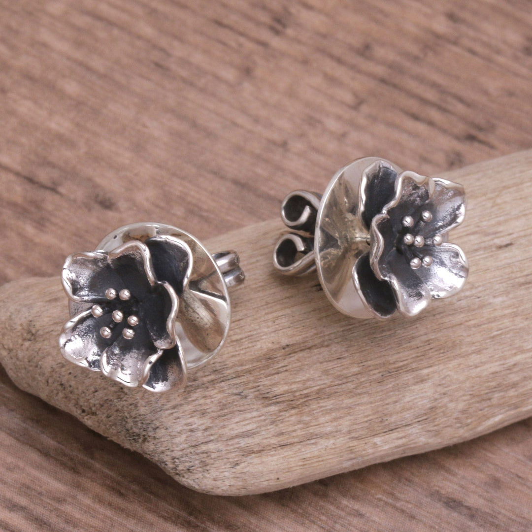 Handmade Floral Sterling Silver Button Earrings from Bali - Floral Lineage