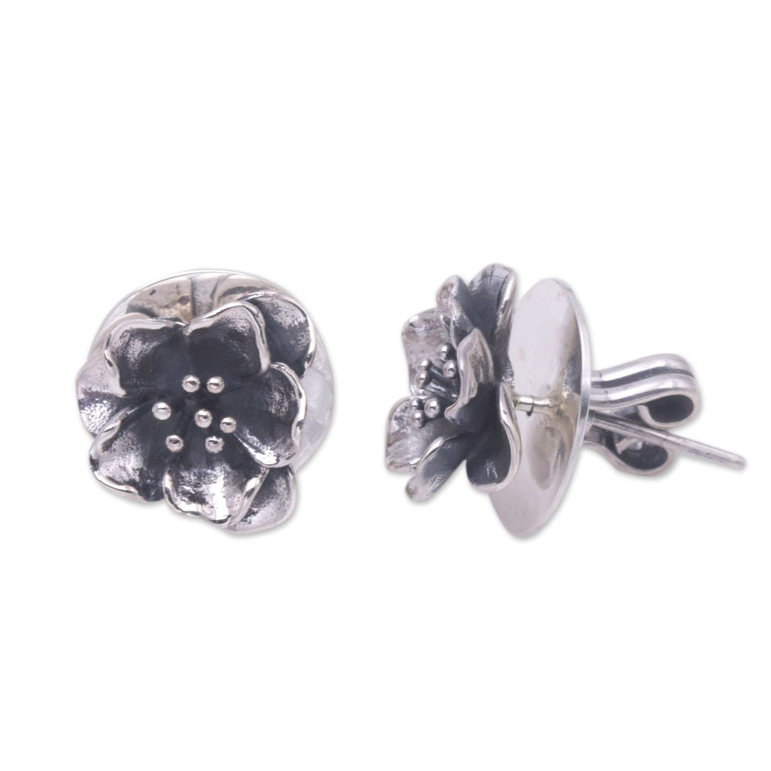 Handmade Floral Sterling Silver Button Earrings from Bali - Floral Lineage