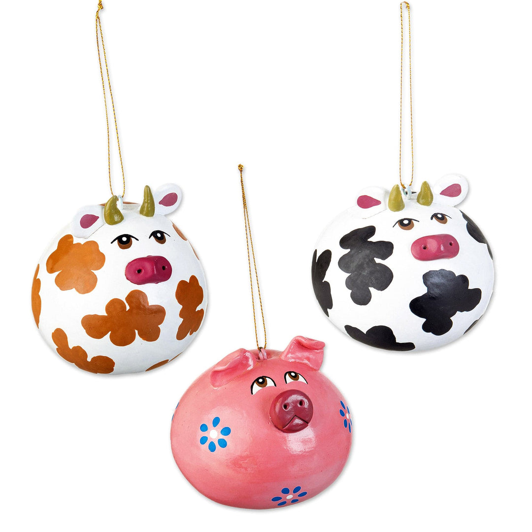 Set of 3 Dried Gourd Holiday Ornaments Handmade in Peru - Happy Farm