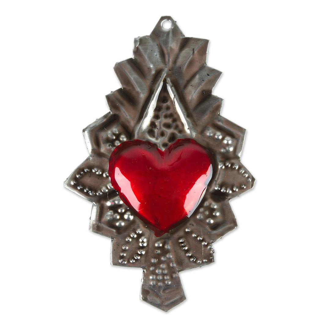 Tin-Plated Steel Ornament with Red Heart and Repousse Motifs - Emotions from Oaxaca