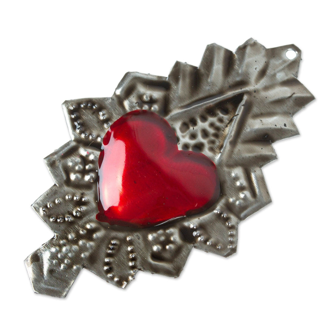 Tin-Plated Steel Ornament with Red Heart and Repousse Motifs - Emotions from Oaxaca