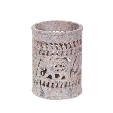 Handcrafted Soapstone Pencil Holder with Elephant Motifs - Helping Elephant