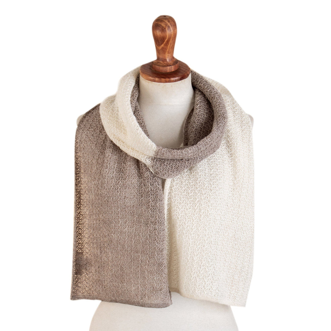 Knit Brown & Ivory Unisex Baby Alpaca Blend Scarf from Peru - Taupe Duality