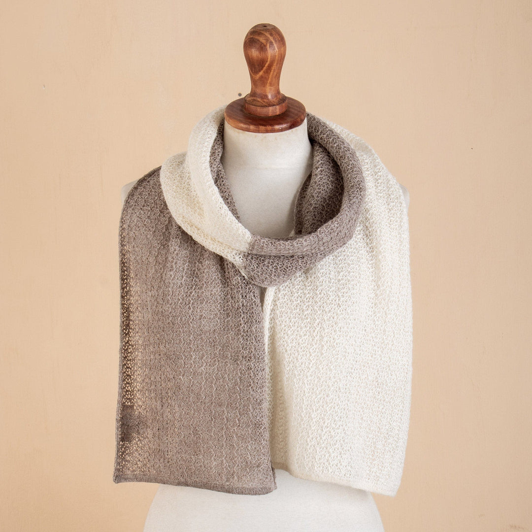 Knit Brown & Ivory Unisex Baby Alpaca Blend Scarf from Peru - Taupe Duality